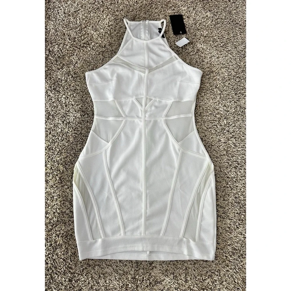 Privy Women's Size L Sexy Mesh Fitted Bodycon Cocktail Dress Powerknit‎ White